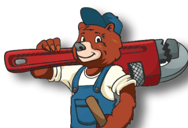 Cartoon bear mascot in overalls carrying a large red pipe wrench