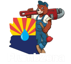PlumbZona logo with a bear mascot holding a wrench over the state of Arizona
