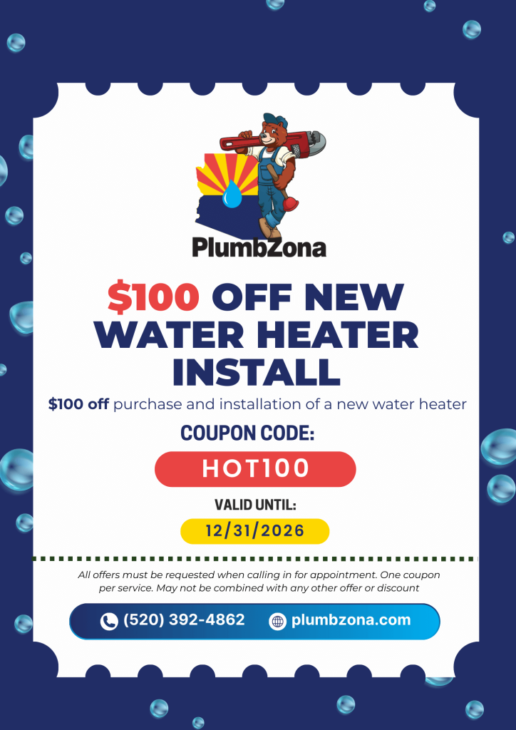 A promotional flyer from PlumbZona offering $100 off the purchase and installation of a new water heater. It includes a coupon code "HOT100," valid until December 31, 2026, along with contact information.