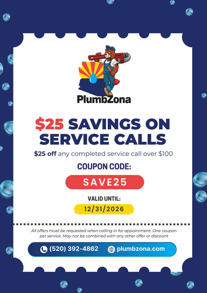 Promotional coupon for PlumbZona offering $25 off service calls over $100, valid until 12/31/2026, with coupon code SAVE25 and contact information at the bottom.
