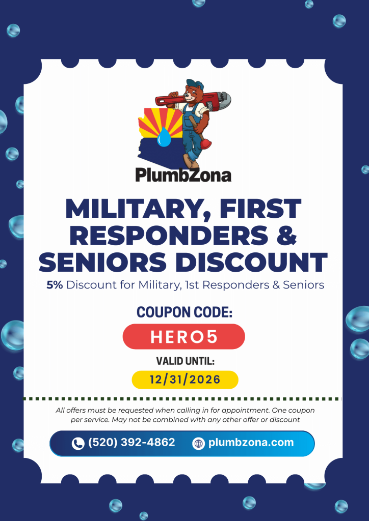 A promotional image from PlumbZona offering a 5% discount for military, first responders, and seniors. The coupon code is HERO5, valid until 12/31/2026, with contact details provided.