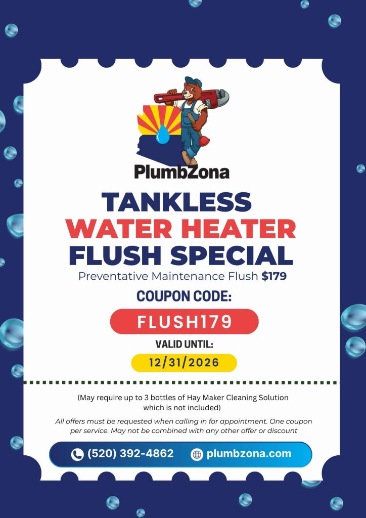 Promotional image for PlumbZona's tankless water heater flush special. Includes coupon code "FLUSH179," valid until December 31, 2026, with additional terms noted. Contact information and website are provided.