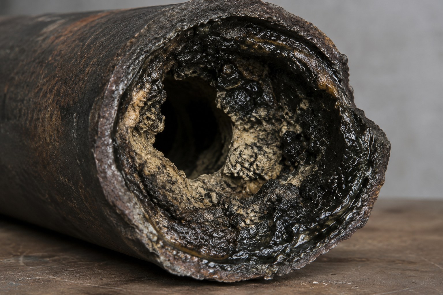 Cross-section of a drain pipe with its opening narrowed by thick grease and mineral scale