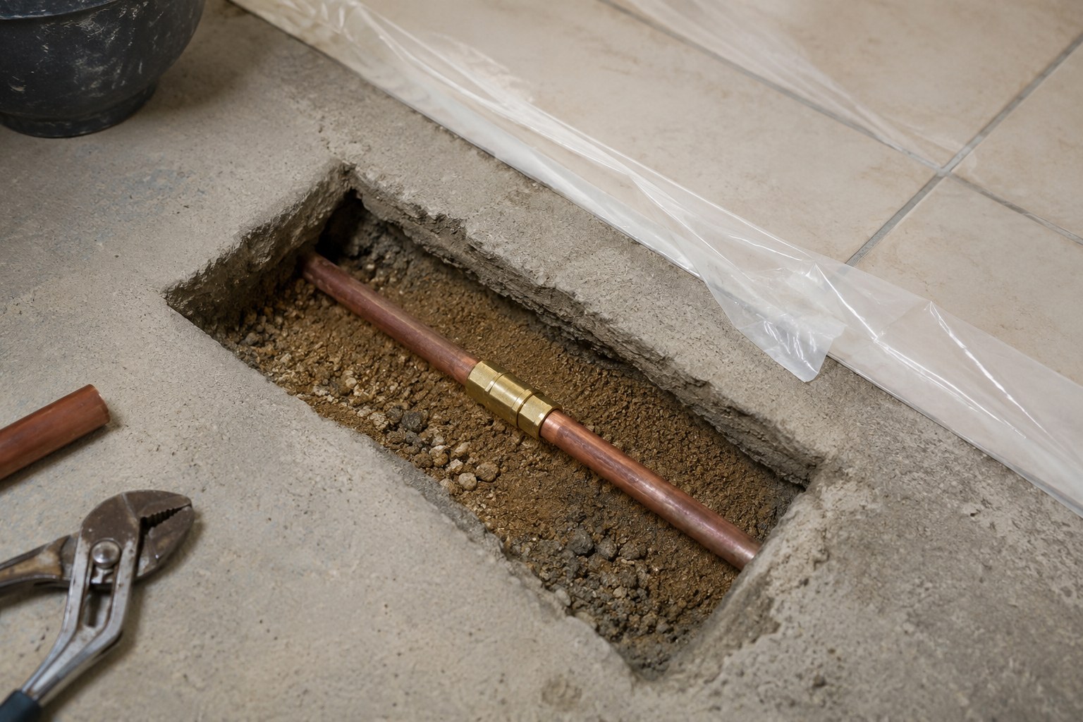 Repaired copper water line in a narrow trench cut through a concrete slab floor