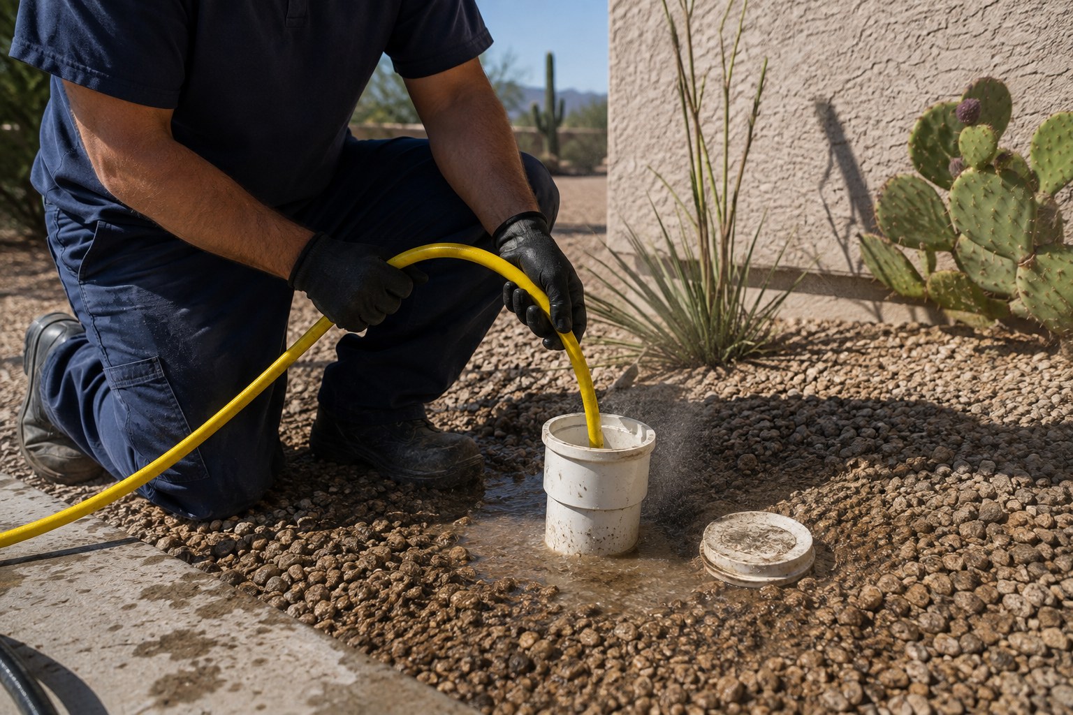 Technician feeding a yellow hydro jetting hose into a sewer cleanout in a gravel yard