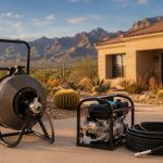 Hydro jetting machine and a cable drain snake set up outside a desert home