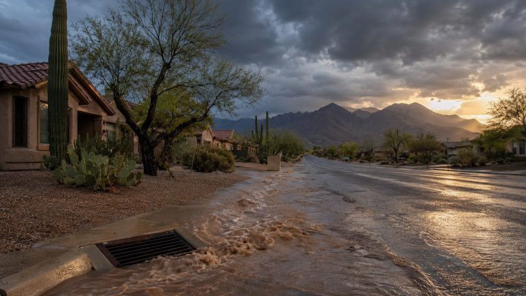 Flooded street and storm drain beside desert homes under monsoon storm clouds