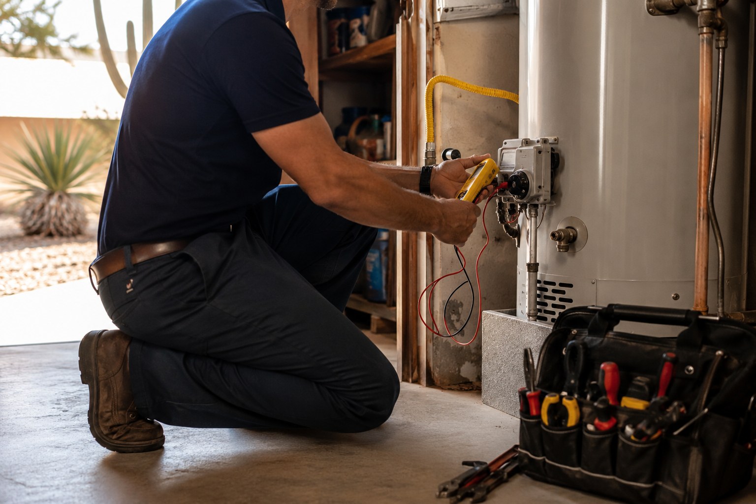 Plumber kneeling to service the gas control valve on a residential water heater