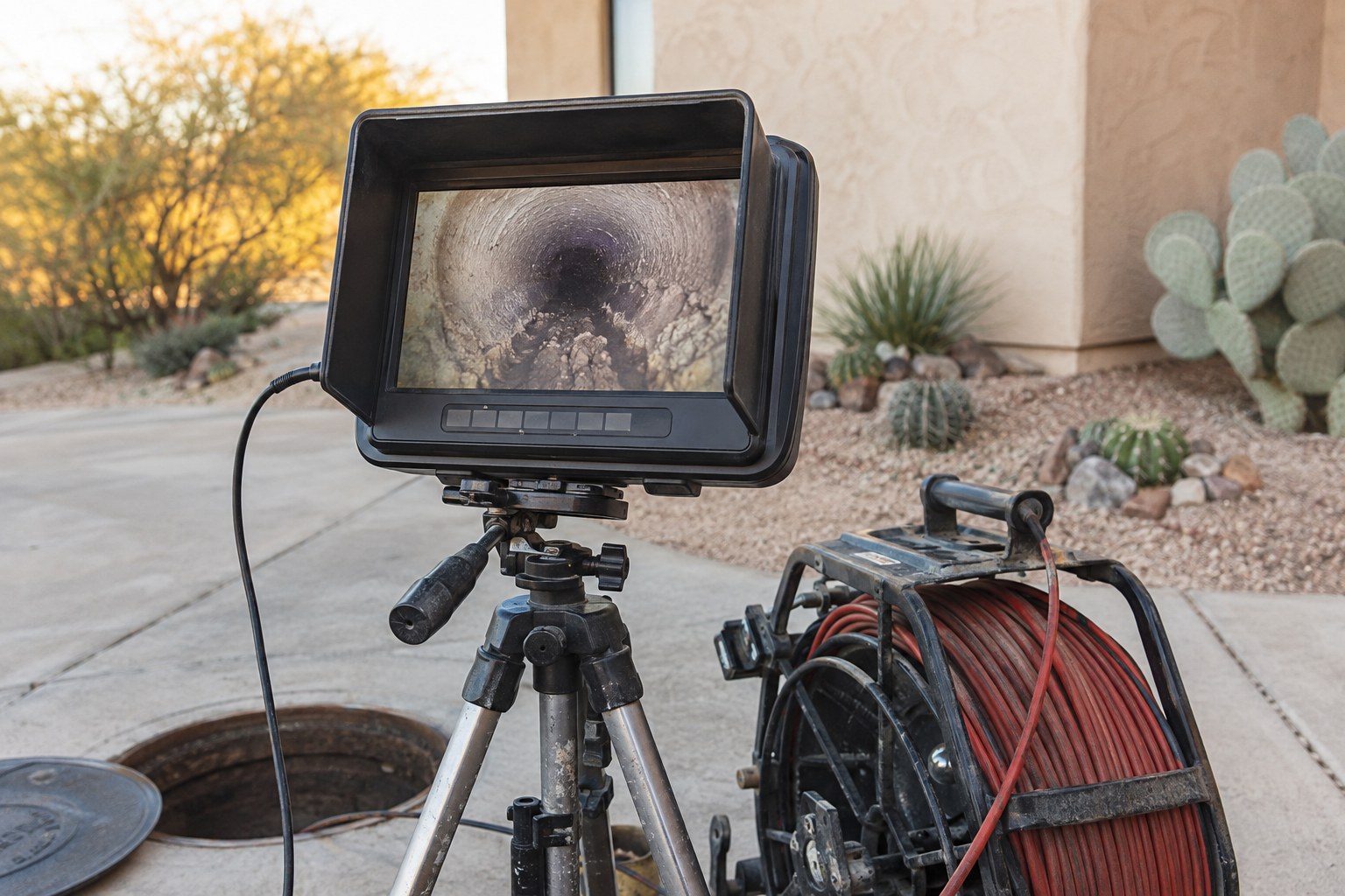Sewer inspection monitor on a tripod showing the inside of a pipe next to an open cleanout