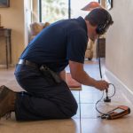 Technician using electronic leak detection equipment along the floor of a living room