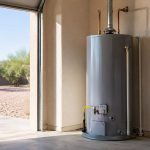 Standard tank water heater standing in an open garage with a desert view beyond