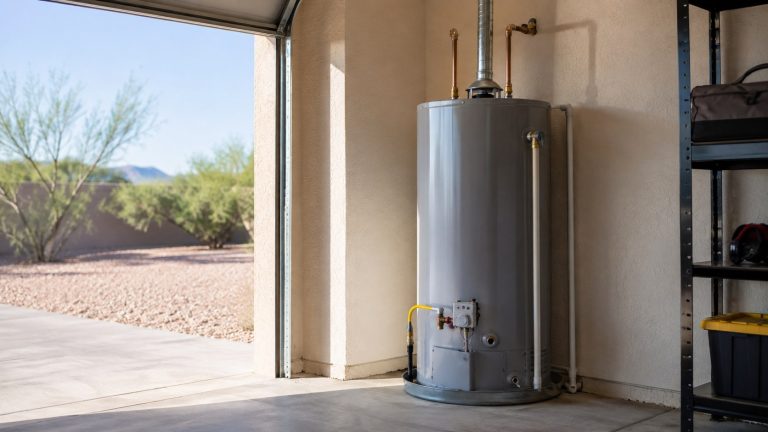 Standard tank water heater standing in an open garage with a desert view beyond
